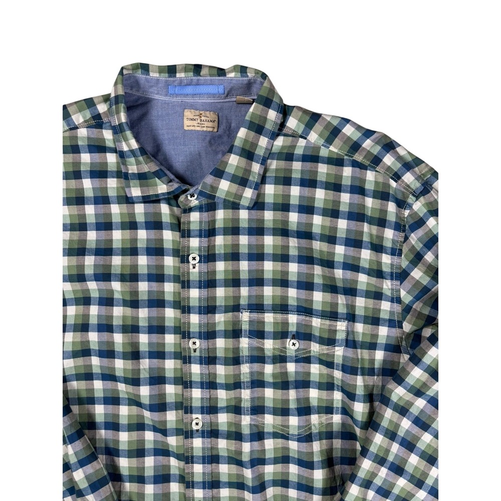 Tommy Bahama Mens XXL Gingham Check Button Front Shirt Green Blue Long Sleeve